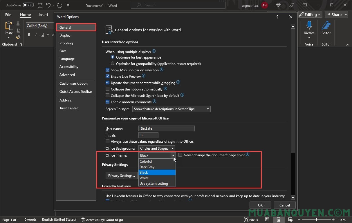 Bật Dark mode Office 2016 2019 2021 365