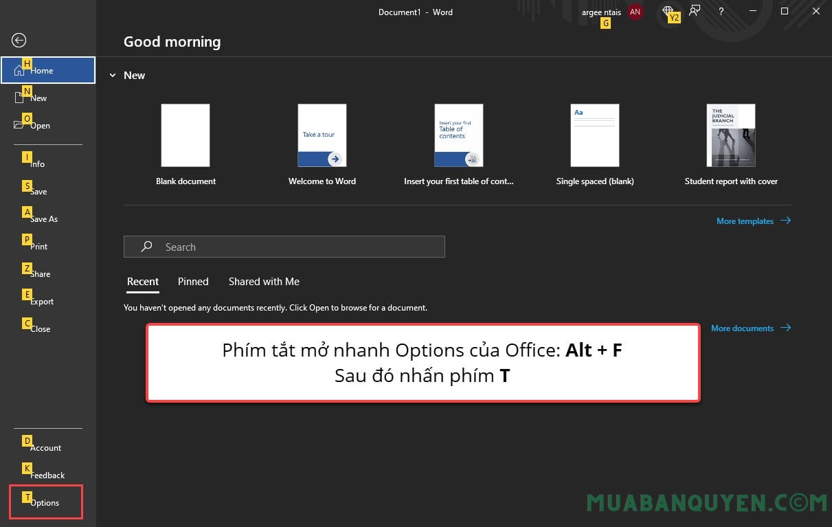 Phím tắt mở nhanh Options của Office