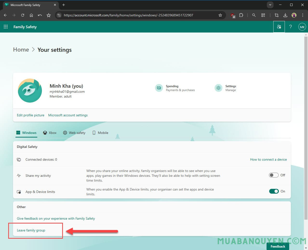Chọn Leave family group để rời nhóm gia đình Microsoft 365