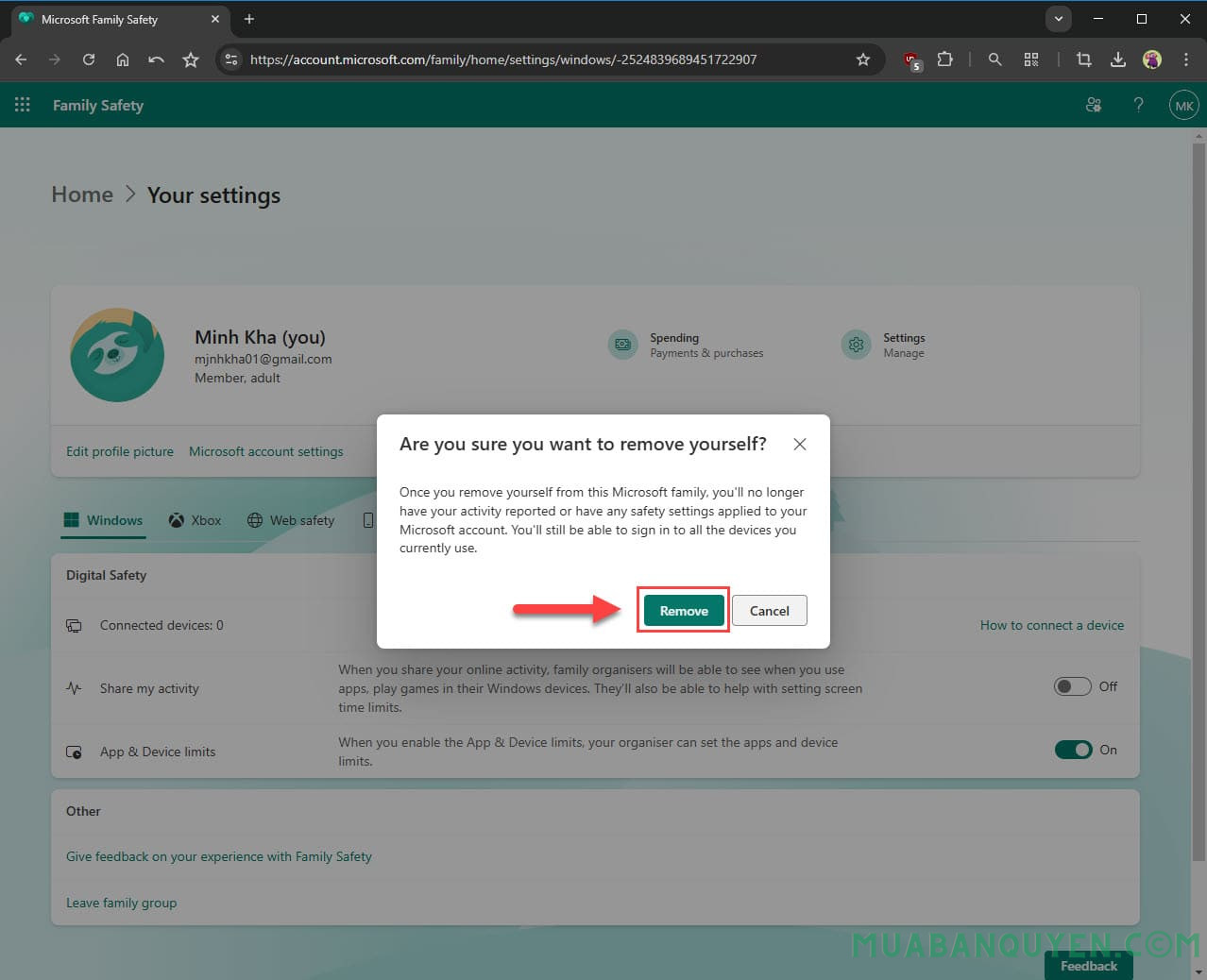 Nhấn Remove xác nhận rời Family Microsoft 365
